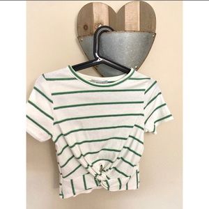 White & Grey/Green Striped Twist Knot Top